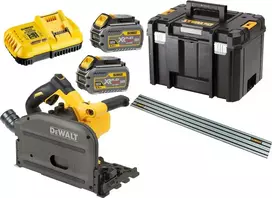 Akumuliatorinis diskinis pjūklas „DeWalt FlexVolt DCS520T2R“, 54 V, su 2 × 6,0 Ah akumuliatoriais, įkrovikliu ir 1,5 m kreipiančiąja liniuote