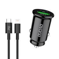 Dudao greitas automobilinis įkroviklis su USB prievadais QC3.0 + C tipo PD juodas + USB-C laidas - Lightning 18W juodas (R3PRO)