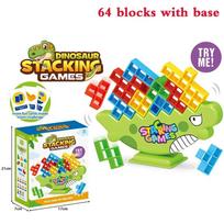Dinosaur Tetra Tower Game - 64pcs Balance & Stacking Set for 2+ Players, Family Party Board Game Perfect for Youngsters Teens & Adults Ideal Christmas 64 blocks blue
