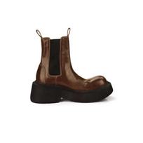 Cowhide version~ New platform-soled Chelsea short boots women's round head elastic band thick heel medium tube Martin boots 40 brown