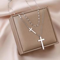 Stainless Steel Necklaces Cross Pendant Choker Double Stacked Wear Light Luxury Fine Necklace For Women Jewelry Gifts gray