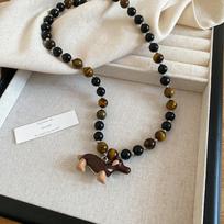 Women Stylish Choker Necklaces Natural Tiger Eye Stone Enamel Cartoon Dachshund Dog Pendant Beaded Strand Sweet Jewelry 52cm gray
