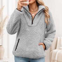 Women's Mock Neck Half Zip Pullover with Pockets for Fall and Winter XL šviesiai pilka spalva