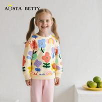 Kids Girls Flower Print Round Neck Long Sleeve Cotton Pullover Sweatshirt 2Y geltona