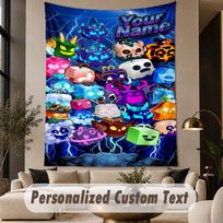 Custom Text Printed Tapestry Blox Fruits Pattern Large Wall Hanging Indoor Room Decor 100cmx150cm blue