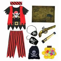 Boys Pirate Skull Dress Up Clothes Kids Printed Striped T-Shirt Pants Partywear Captain Jack Adventure Pirate Toys Gifts L(7-8Y) red