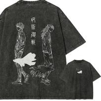 Jujutsu Kaisen Gojo and Geto Vintage T-Shirt Men Retro Washed Cotton Oversized Tee Harajuku Streetwear Anime Aesthetic Top 4XL gray