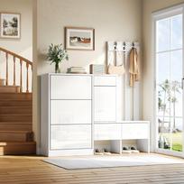 7-in-1 Shoe Cabinet with Bench & Coat Hooks, 160x35x160cm High-Gloss Hallway Cabinet, with Flip-Down Shoe Compartments, Drawers & Storage, White 160 x 35 x 160 cm
