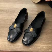 Sheepskin version~ retro shallow mouth small leather shoes women's gold coins square head low heel grandma shoes one pedal genuine leather black 40 juoda
