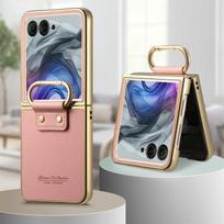 Prabangus dėklas Motorola Moto Razr 60 Ultra 5G 2025, Šarvuotas odinis galinis skydelis, Žiedo dangtelis, Moto Razr 50 Ultra dėklas, Razr Plus Funda Moto Razr Plus 2024 rožinė