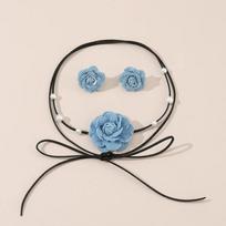 Women Fashion Blue Denim Flower Choker Necklace Earrings Set Lace-up Rope Chain Jewelry Set mėlyna