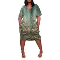 Women Plus Size V Neck Short Sleeve Knee Length Dress with Pockets Casual Loose Fit Vintage Floral Print for Summer Wear XL žalia