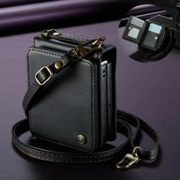 Skirta Samsung Galaxy Z Flip 7 5G 2025 prabangi dėklas su dirželiu per petį sulankstomas RFID odinis kortelių dėklas Samsung Z Flip7 piniginės dangtelis Case & Strap&Galaxy Z Flip 7 juoda