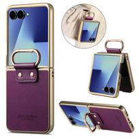 Prabangus odinis telefono dėklas, skirtas Samsung Galaxy Z Flip 8 7 6 5 4 5G Flip8 Flip7FE Flip6, su galvanizuotu žiediniu laikikliu, apsauginis dangtelis Galaxy Z Flip6 violetinė