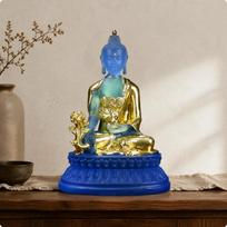 Medicine Buddha Statue Gold Foil Resin Buddha Sculpture Religious Figure Ornate Details Home Decor for Altar, Living Room