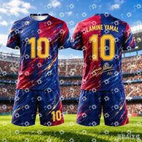 Lamine Yamal 10 Jersey Set Blue Red Split Gold Lightning Print Round Neck Short Sleeve Soccer Shirt + Drawstring Shorts 2-Piece 110 brown