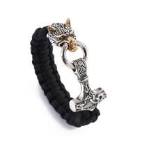 Nerūdijančio plieno Vikingo vilko galva Thor's Hammer Skėtis Virvelė Apyrankė Vyriški papuošalai 23CM black