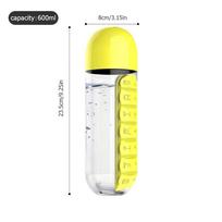 600ml Water Bottle with Pill Box Organizer 2 In 1 Portable 7 Days Planner Box Travel Medication Cases Containers geltona