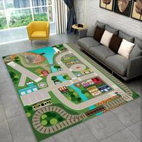 Vaikų miesto eismo žaidimų kilimas Animacinis traukinio kelio namo valties spaudinys Linksmas miestelio tematikos vaikų kambario dekoravimo kilimas Neslystantis edukacinis kilimėlis 120X160CM black