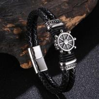 Pirate-Themed Stainless Steel & Leather Men's Bracelet - Best-Selling Punk Jewelry Customizable Size [Unlimited Quantity] black