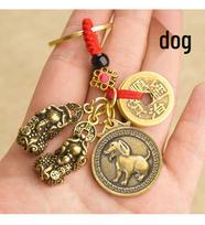 Brass Double Pixiu Zodiac Keychain with Five Emperor Coins Alloy