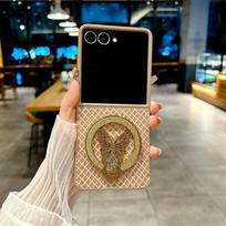 Phone Case for Samsung Galaxy Z Flip 7 6 5 4 Flip7 Flip6 Flip5 Flip4 Luxury Leather Cartoon Butterfly Bracket Protective Cover Galaxy Z Flip6 auksinė