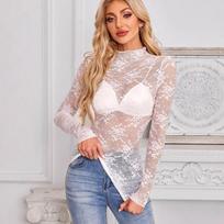 Women Sheer Lace Mesh Long Sleeve Slim Fit Semi High Neck Casual Base Blouse M balta