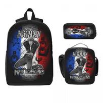 3Pcs Johnny Hallyday Forever Backpack Set for Kids Rock Music Pen Bags Bookbag Sets with Lunch Box For Students Daypack gray