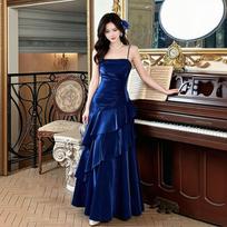 Lotus leaf edge niche light luxury suspender dress women's year new banquet temperament fish tail waist dress long dress S gray