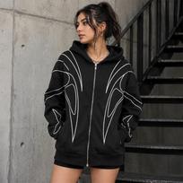Women Graphic Zip Up Hoodie Hooded Sweatshirt Line Print Long Sleeve Casual Streetwear Autumn Jacket 2026 Hot New Plus 6XL black