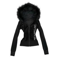 Vintage street style design sense punk slim zipper plush brim hooded sweater jacket women S black