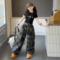 Children Baggy Camouflage Cargo Pants With Pocket For Girl Streetwear y2k Camo Trousers Kids Harajuku Korean Hip Hop Trackpants 170 žalia