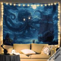 Large Kraken Octopus Pirate Ship Wall Tapestry Hanging Ocean Nautical Deep Sea Fantasy Art Decoration 180x280cm 100X150CM gray