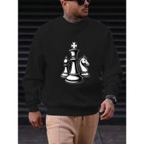 Men's Chess Piece Pattern Casual Crew Neck Sweatshirt, Soft Comfortable Stylish, Home Outings Parties, Large Size. M juoda