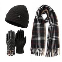 Šiltas vilnos mišinio šaliko, kepurės ir pirštinių rinkinys Žiemos klasika Rūbuotas megztas aksesuarų trio Unisex Suaugusiems Šalto oro apranga Black black