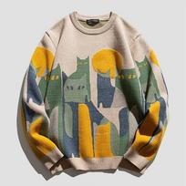 Rudens megztas megztinis vyrams moterims žiemos Harajuku animacinis pilnas kačių raštas Puloveris Vintažinis laisvalaikio laisvas megztinis Streetwear XL smėlis