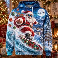 Funny Santa Christmas Hoodie 3D Print Snowboard Gaming Hot Cocoa Reindeer Festive Pullover Holiday Party Winter Gift XL blue