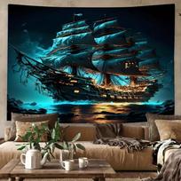 Pirate Ship Ocean Scenery Tapestry Living Room Bedroom Dormitory Decoration Polyester Fiber Wall Hanging 100X70CM blue