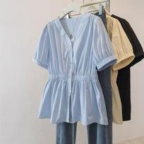 Summer Slim Fit Shirt Women's Bubble Sleeve Loose Waist Short Sleeve V-Neck Top Elegant Fashion Large Size Casual Noble XL