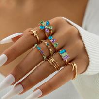 Jewelry light luxury gemstone ring set, geometric flower scallop eight-piece ring set wholesale brown