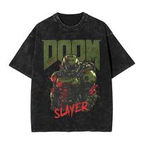 Classic Retro Game DOOM Slayer Graphic Print TShirt Women Men Vintage Washed Cotton Oversize Top Harajuku Style Summer New Tee 2XL gray