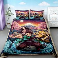 Duvet Cover Nezuko Kamado Bedding Set Anime Demon Slayer Comforter Bed Linen Single Twin Full Queen Size Kids Girl Boys Gift 140*200cm/55x79in Single/Twin 3pcs gray