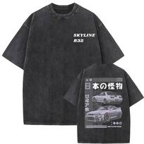 Anime Initial D Drift AE86 Vintage Washed T Shirt Takumi Fujiwara R34 Skyline GTR JDM Car T-shirt Casual Short Sleeve T-shirts 5XL black