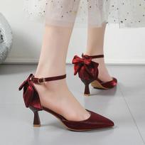 Fashion Fine Heel Elegant Celebrity 2024 Summer New Pointed Bow Sandals High Heels Women's Evening Dress Gentle Matching Skirt 39 vyno raudonos spalvos