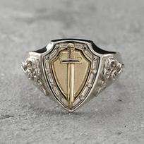 Huajie Men's Shield Knight Sword Design Two Tone Turkish Signet Rings Silver Carving Retro Charming Ring  Trendy 13 gray
