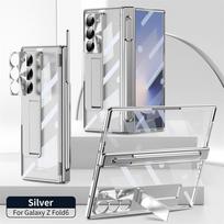 For Samsung Galaxy Z Fold 6 5 4 3 Transparent Plating PC Hinge protection Full Body Stand Pen Slot Case with Tempered Glass Opp Bag&For Samsung Galaxy Z Fold6 5G 7.6" sidabras