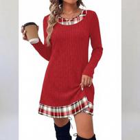 Women's Casual Long Sleeve Round Neck Mid-Length Plaid Patchwork Tunic Top for Everyday Wear XL raudona