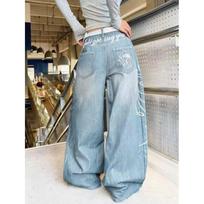 Vintage Embroidered Washed Distressed Baggy Wide Leg Jeans High Waist Loose Fit Unisex Streetwear Denim Pants XL mėlyna