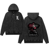 Washed Retro Death Note Zip-Up Hoodie for Men & Women 2XS black