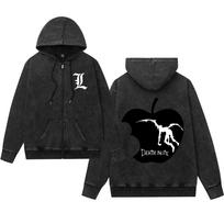 Washed Retro Death Note Zip-Up Hoodie for Men & Women 3XL black